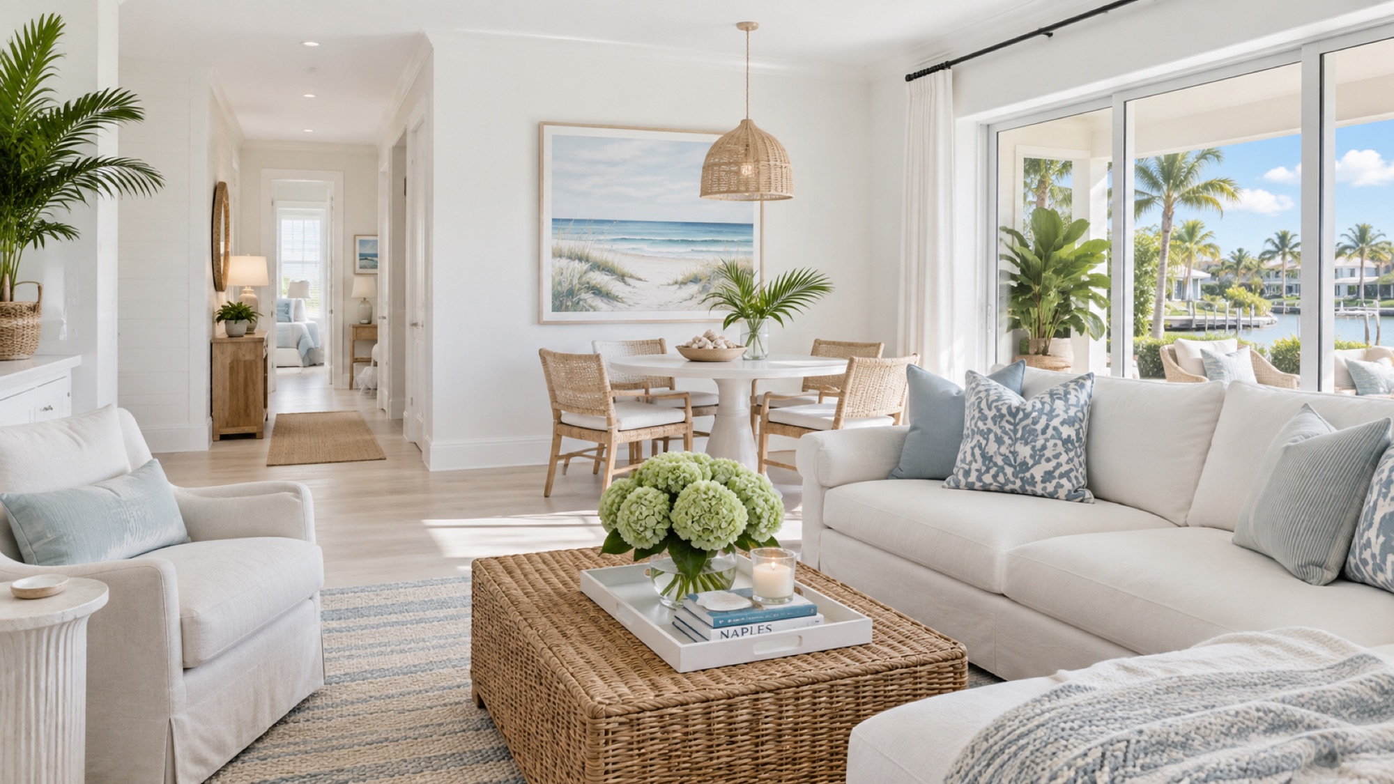 Living and dining room in The Moorings, Naples, FL after interior painting by Bryan's Painting and Home Finishes, with walls painted a crisp white