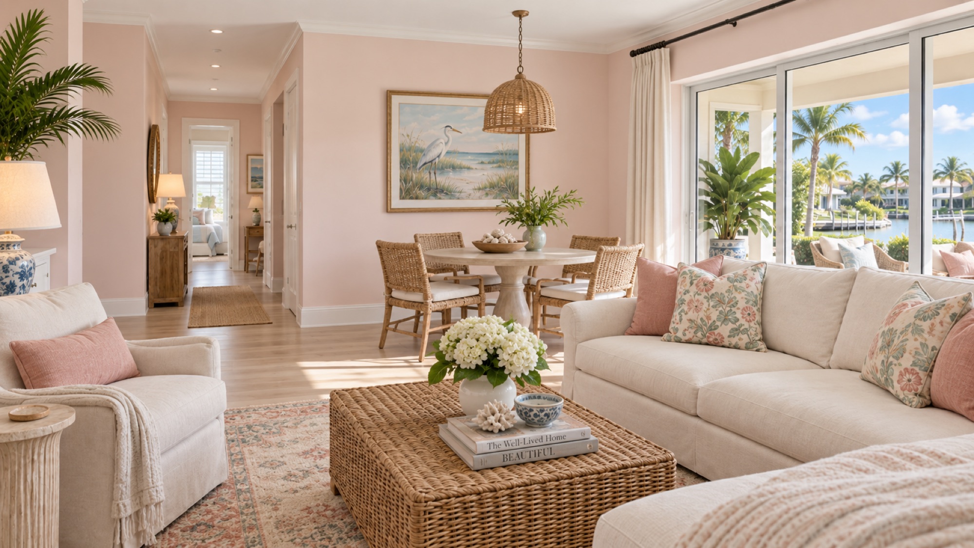 Living and dining room in The Moorings, Naples, FL before interior painting, with pale pink walls and sliding glass doors to a waterfront view