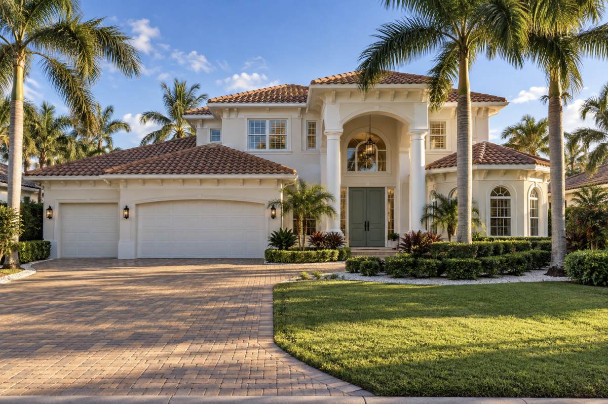 Two-story Mediterranean-style home in Mediterra, Naples, FL with a white stucco exterior freshly painted by Bryan's Painting and Home Finishes